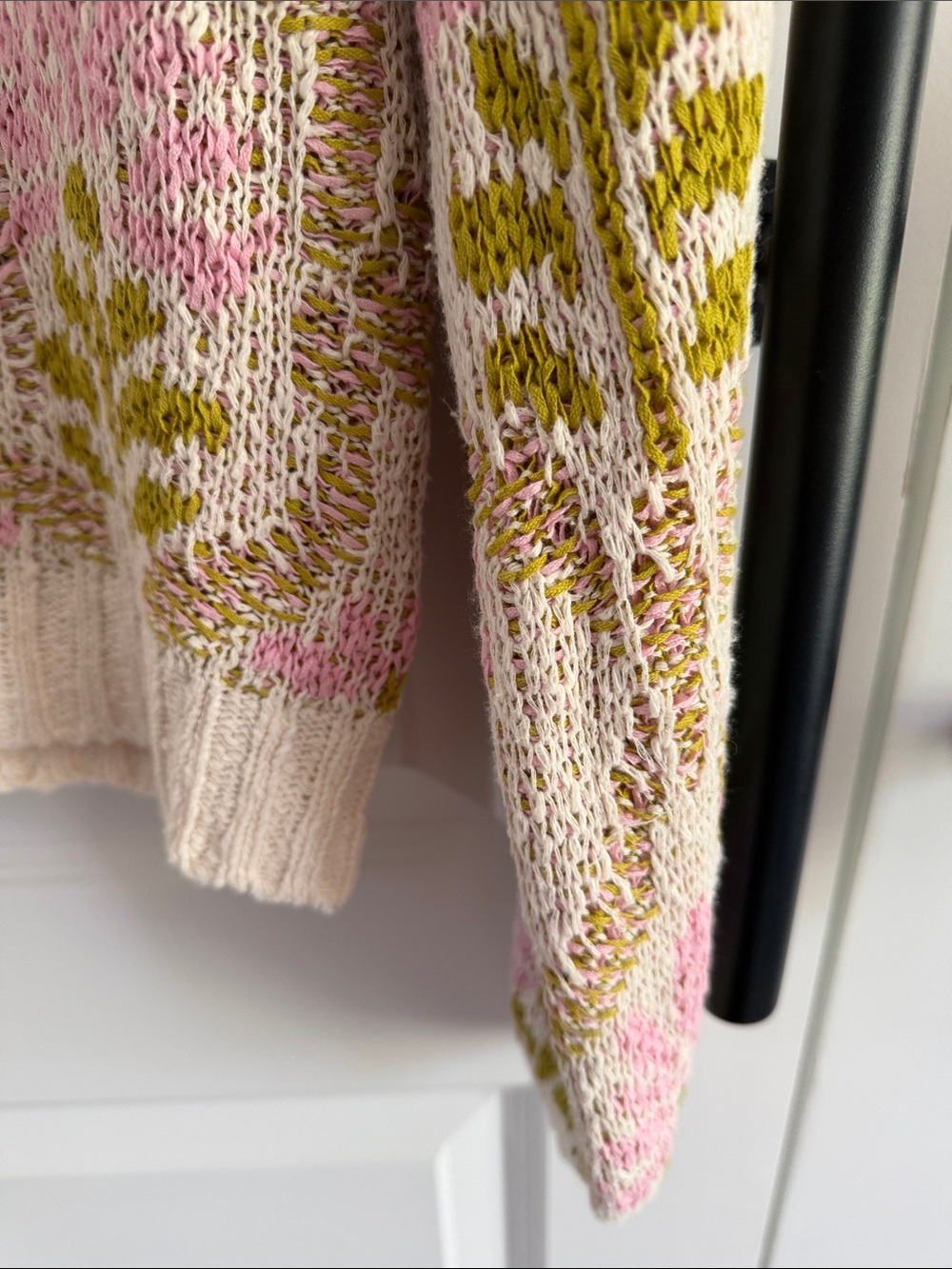 Anthro saltwater LUXE Cream Knit Crewneck Sweater with Pink & Olive Floral Motif - Picture 4 of 7